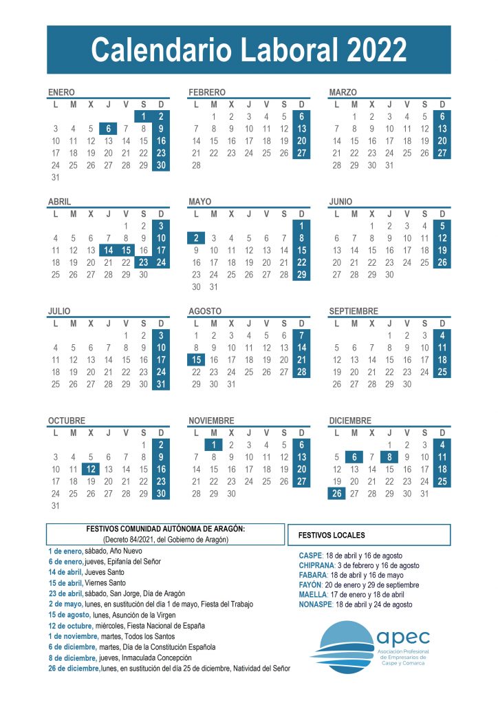 Calendario laboral 2022 Caspe y Comarca